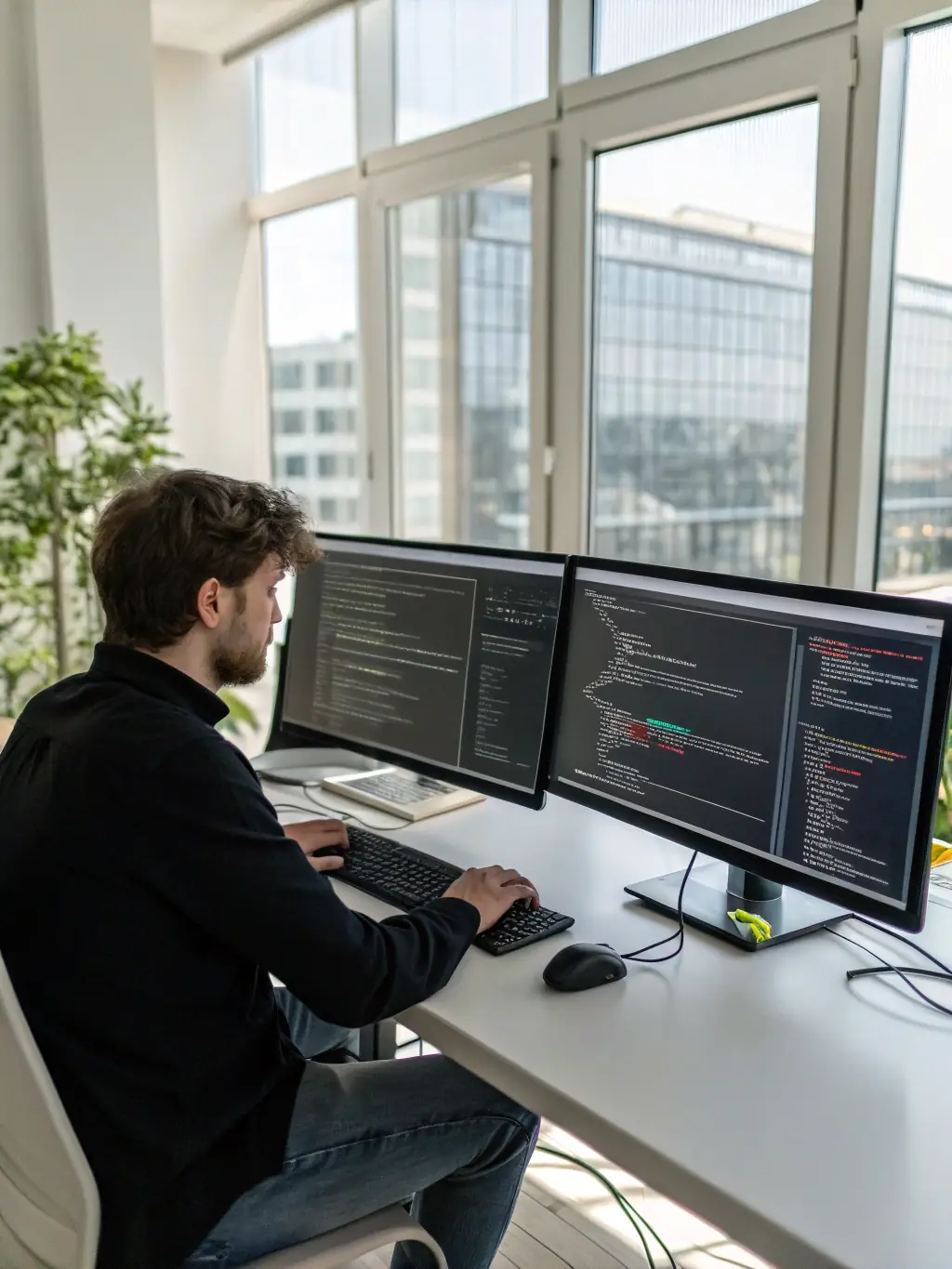 A developer working on a desktop screen with a modern web dashboard interface. The dashboard features real-time data visualization and interactive elements, showcasing the robust and scalable web applications developed by TECH SHARKS CONSULTING.