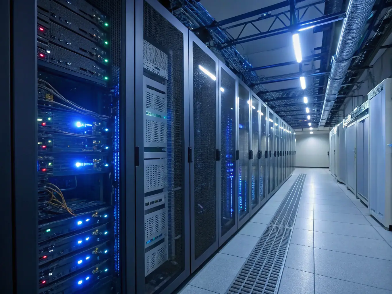 An image depicting a secure server room with blinking lights, emphasizing the reliability and security of TECH SHARKS CONSULTING's infrastructure and solutions.