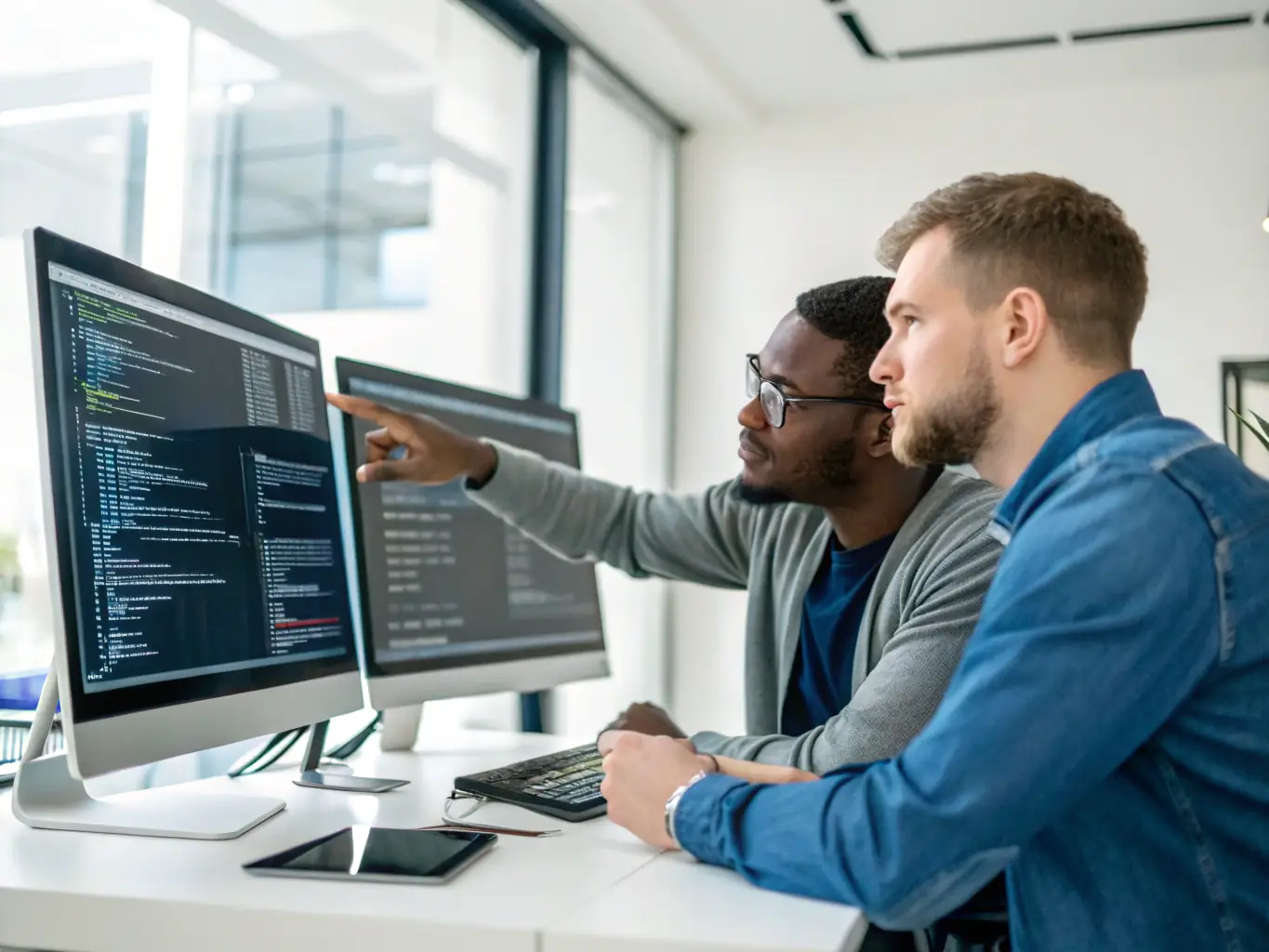 An image representing expert IT consultants collaborating on a complex software architecture diagram, symbolizing deep technical expertise and strategic problem-solving.