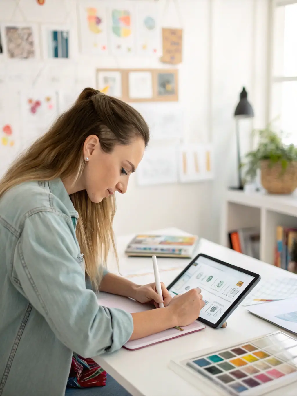 A designer working on wireframes and prototypes on a digital tablet. The tablet displays a user interface with intuitive navigation and attractive design elements, showcasing the UI/UX design services offered by TECH SHARKS CONSULTING.